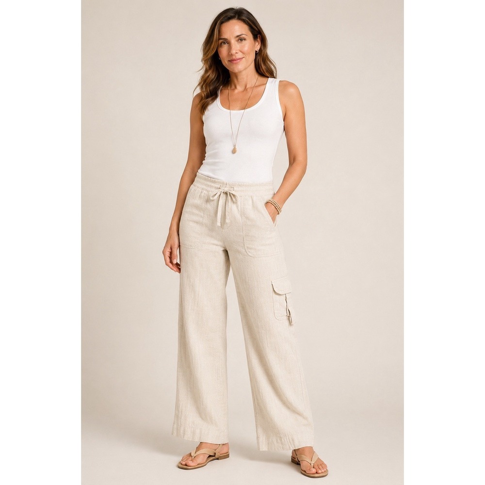 Soft Surroundings Women's S Linen Blend Cargo Pants Beige Drawstring Wide Leg